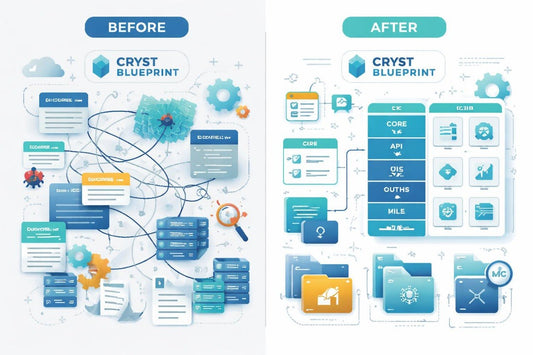 Comparison of 'Before' and 'After' designs for Cryst Blueprint with blue and orange elements.