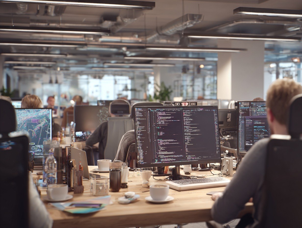 People working at desks with multiple computer monitors in a modern office setting.