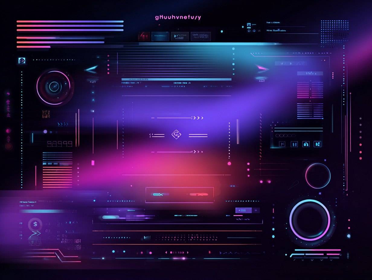 Neon futuristic interface design with purple and pink hues on a dark background