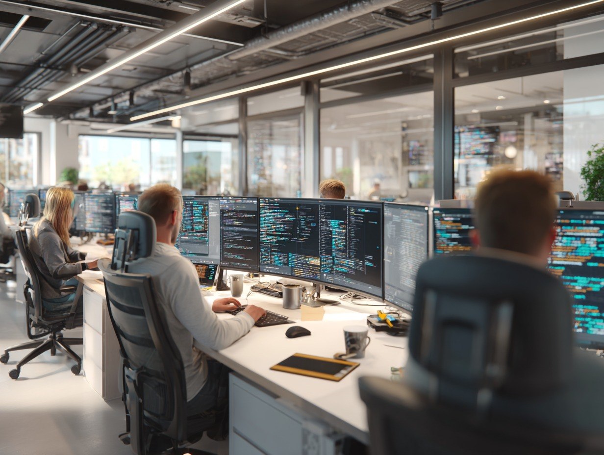 People working at desks with multiple computer monitors in a modern office setting.