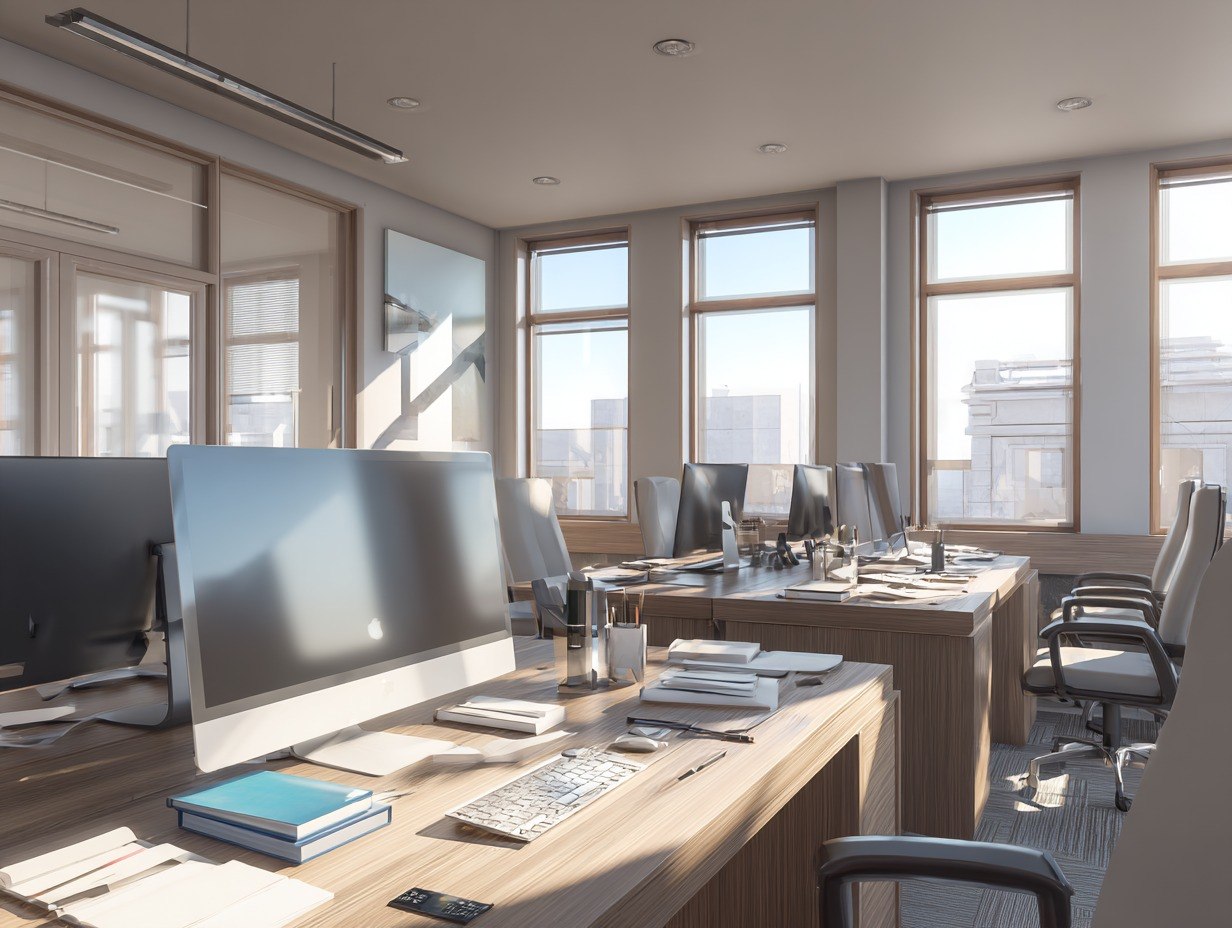 Modern office with desks, computers, and chairs in a bright room with large windows.