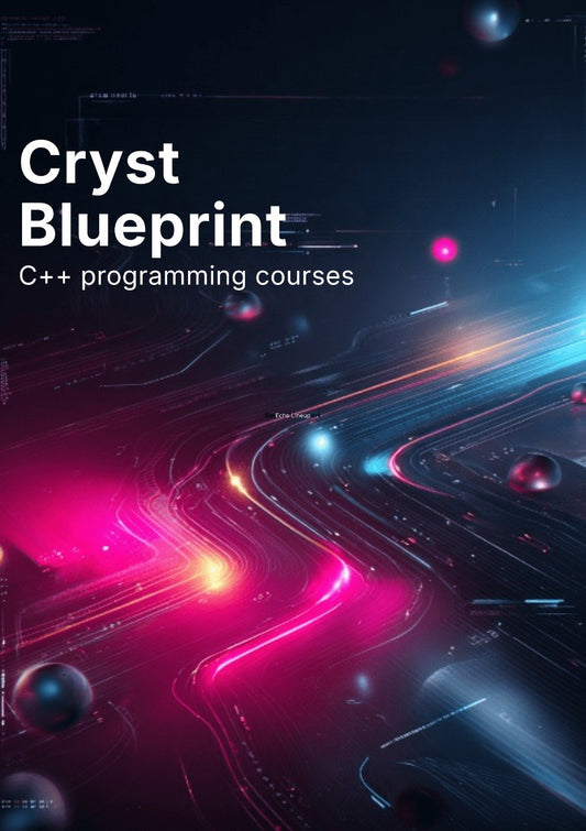 Promotional graphic for 'Crystal Blueprint C++ programming courses' with a futuristic design.