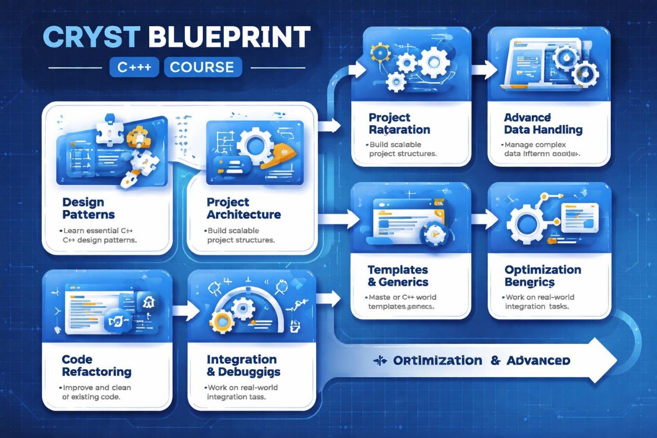 Crystal Blueprint C++ Course flowchart with various topics on a blue background
