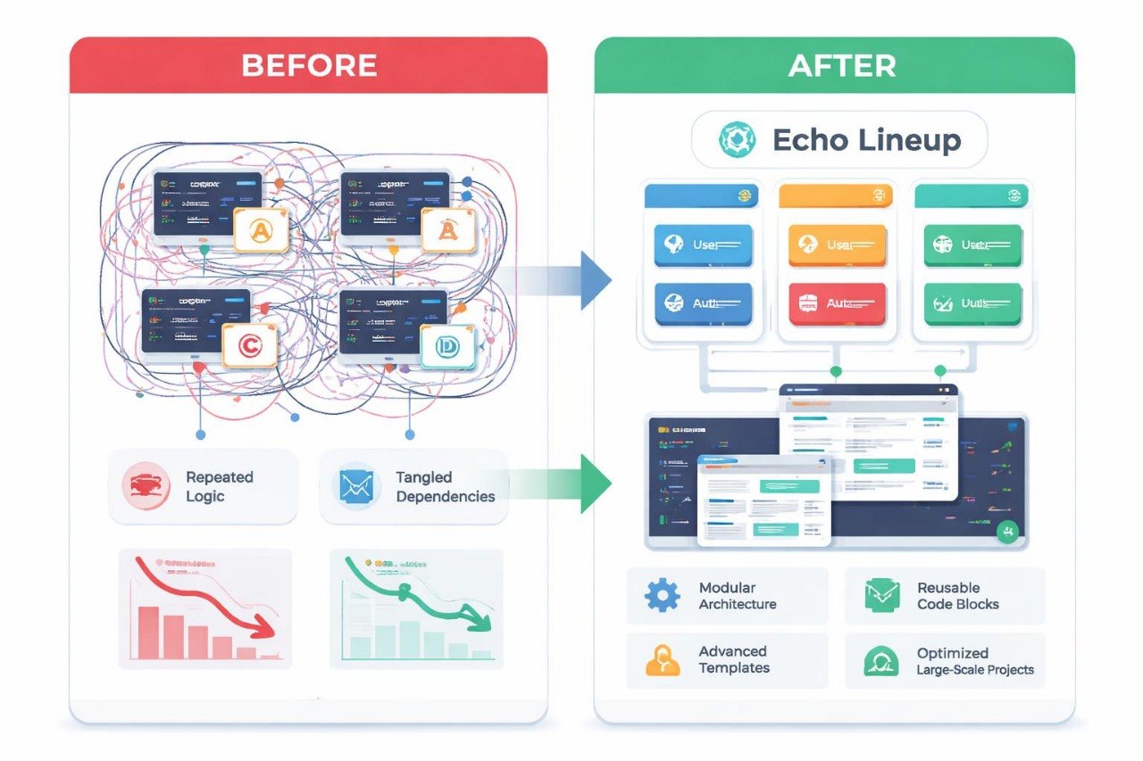Comparison chart showing 'Before' and 'After' designs of an 'Echo Lineup' with modular architecture and reusable code stacks.