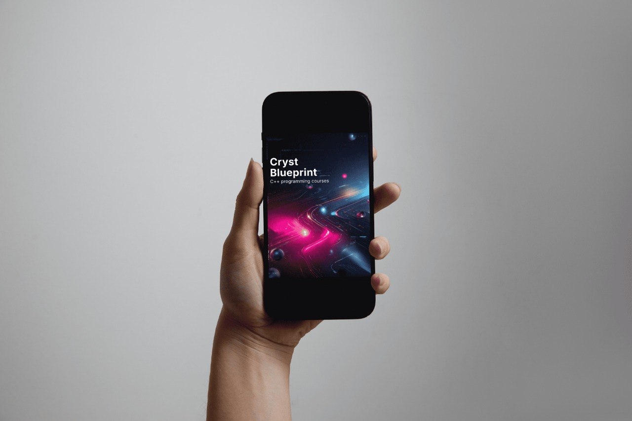 Hand holding a smartphone with 'Crystal Blueprint' app interface on a gray background