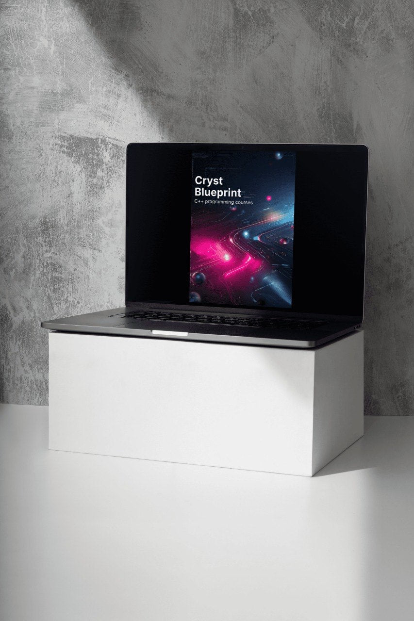 Laptop on a white stand against a gray concrete wall
