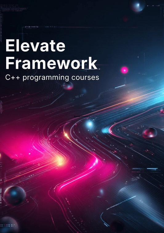 Promotional graphic for C++ programming courses with a futuristic design and glowing lines.