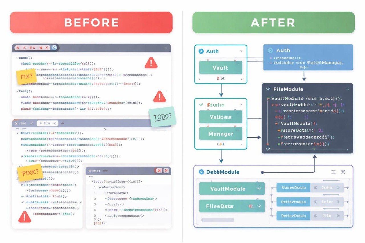 Comparison of code structure 'Before' and 'After' with modular design.