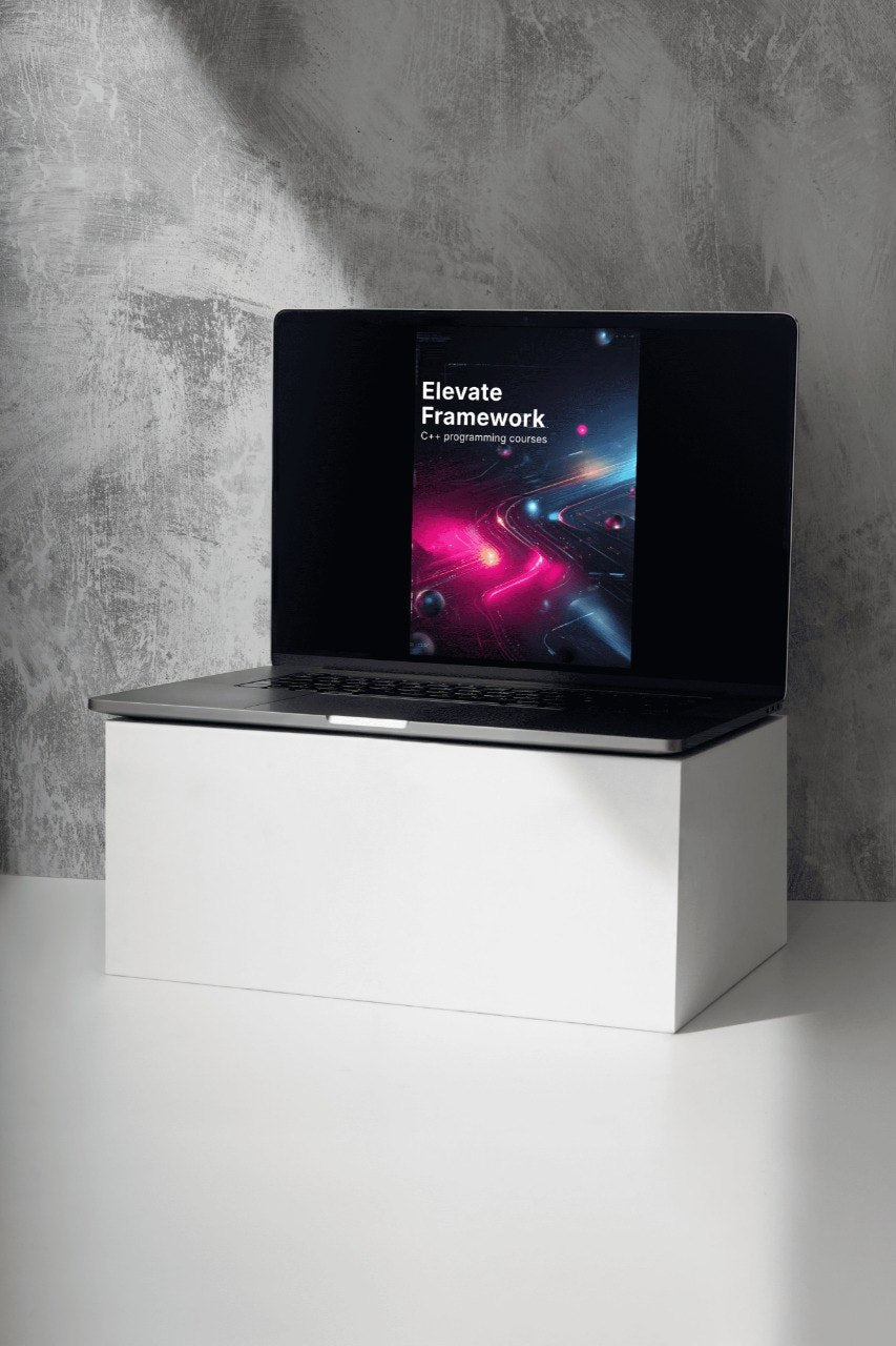 Laptop on a white stand with a dark screen displaying 'Delta Capsule' against a gray concrete wall.
