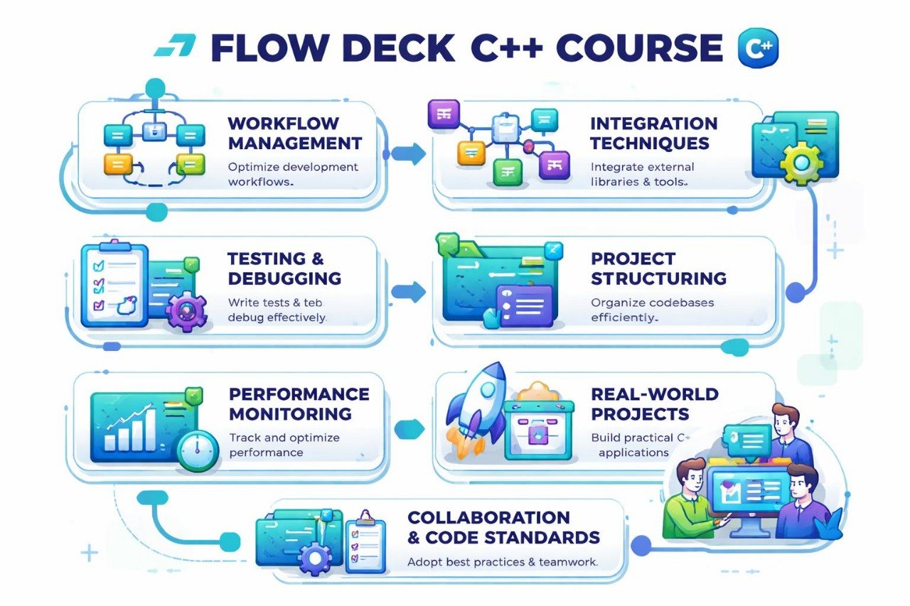 Flow Deck C++ Course curriculum with various topics and icons on a white background