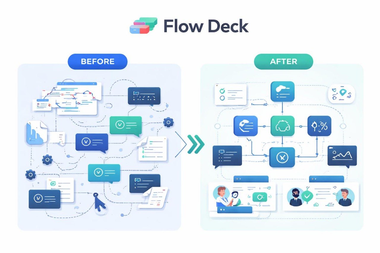 Comparison of a complex flowchart labeled 'Before' and its simplified version labeled 'After' with Flow Deck branding.