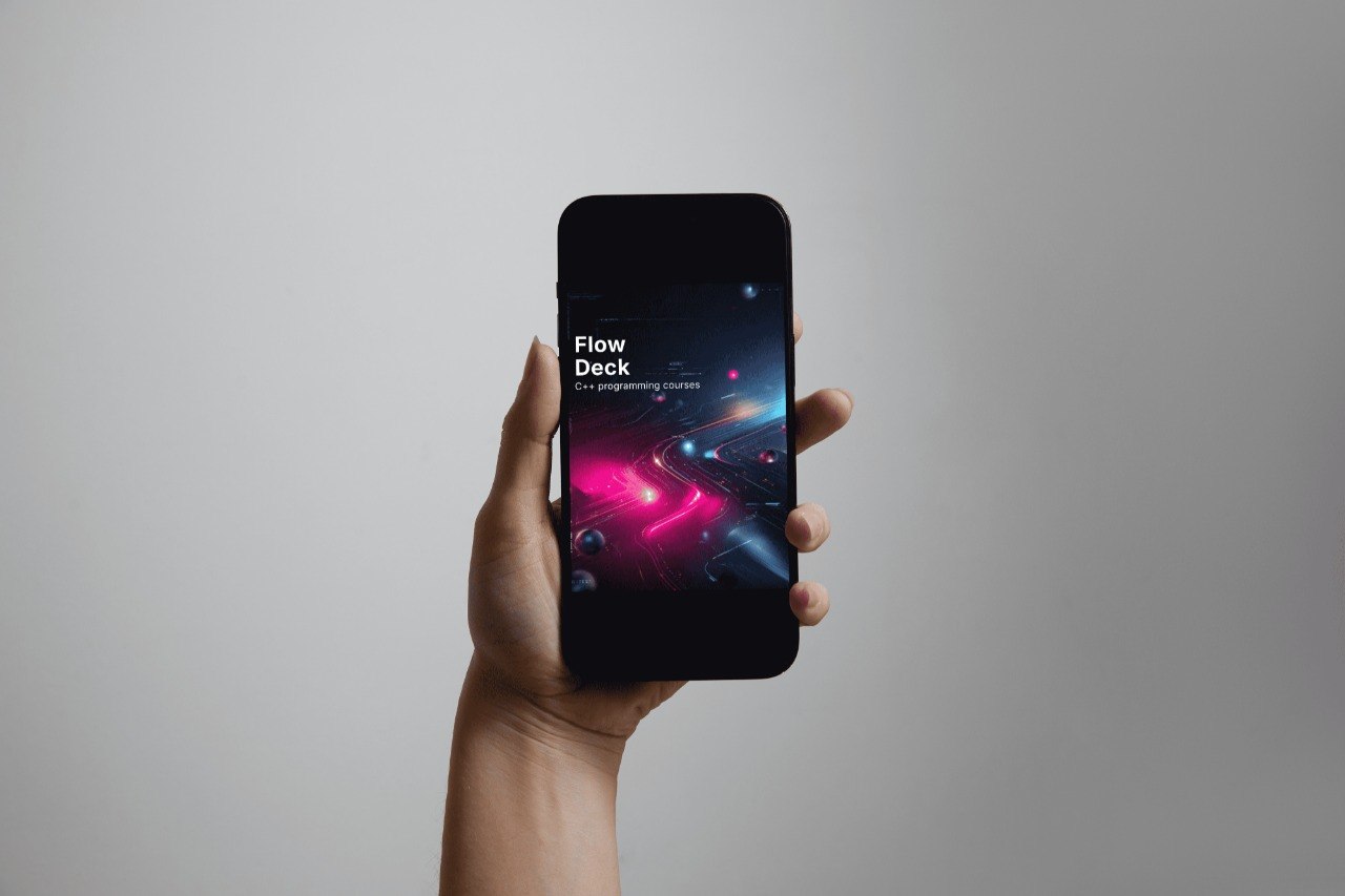 Hand holding a smartphone with a dark screen displaying 'Flow Deck' on a gray background