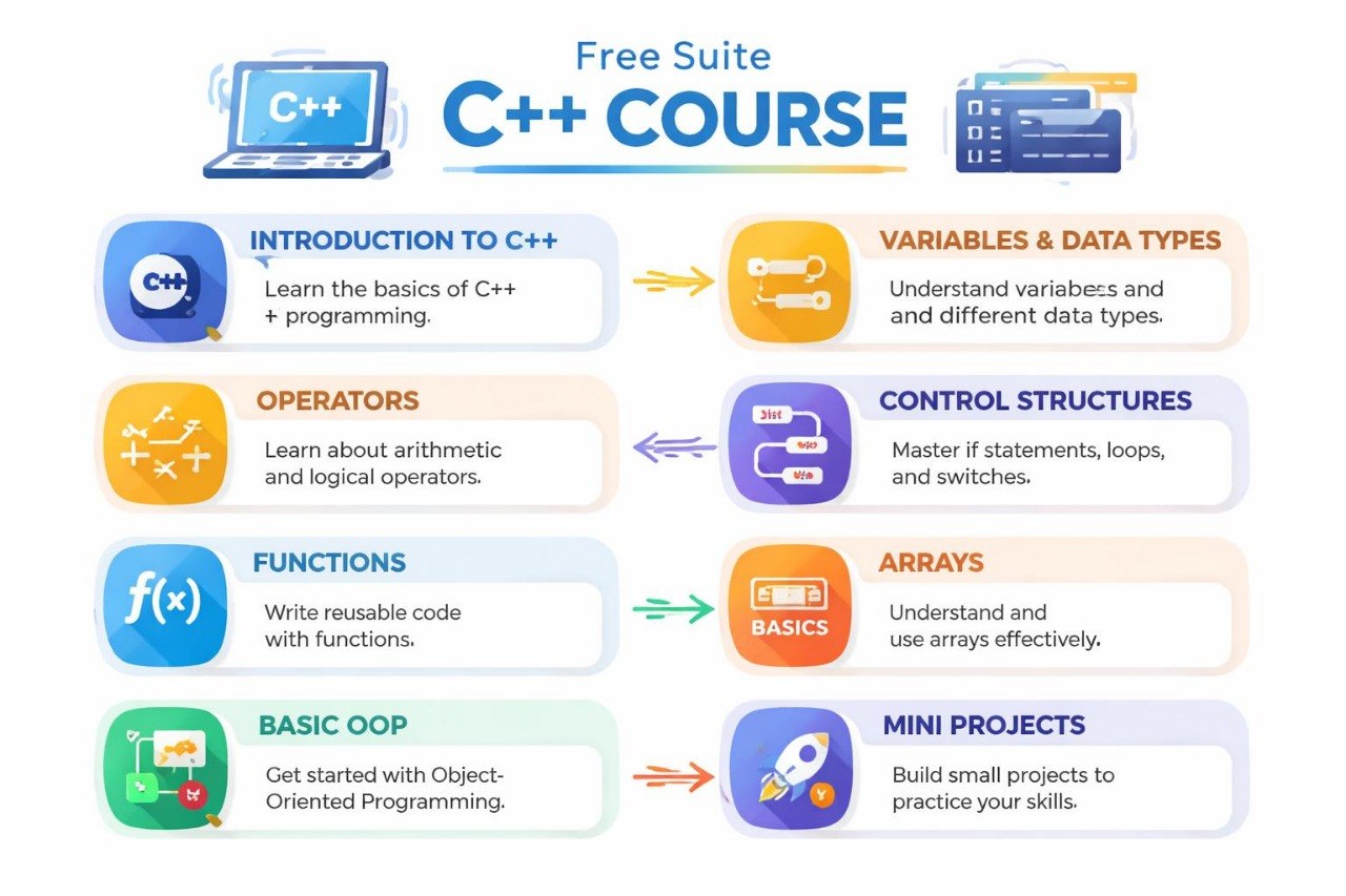 Free C++ course outline with various topics and icons on a white background