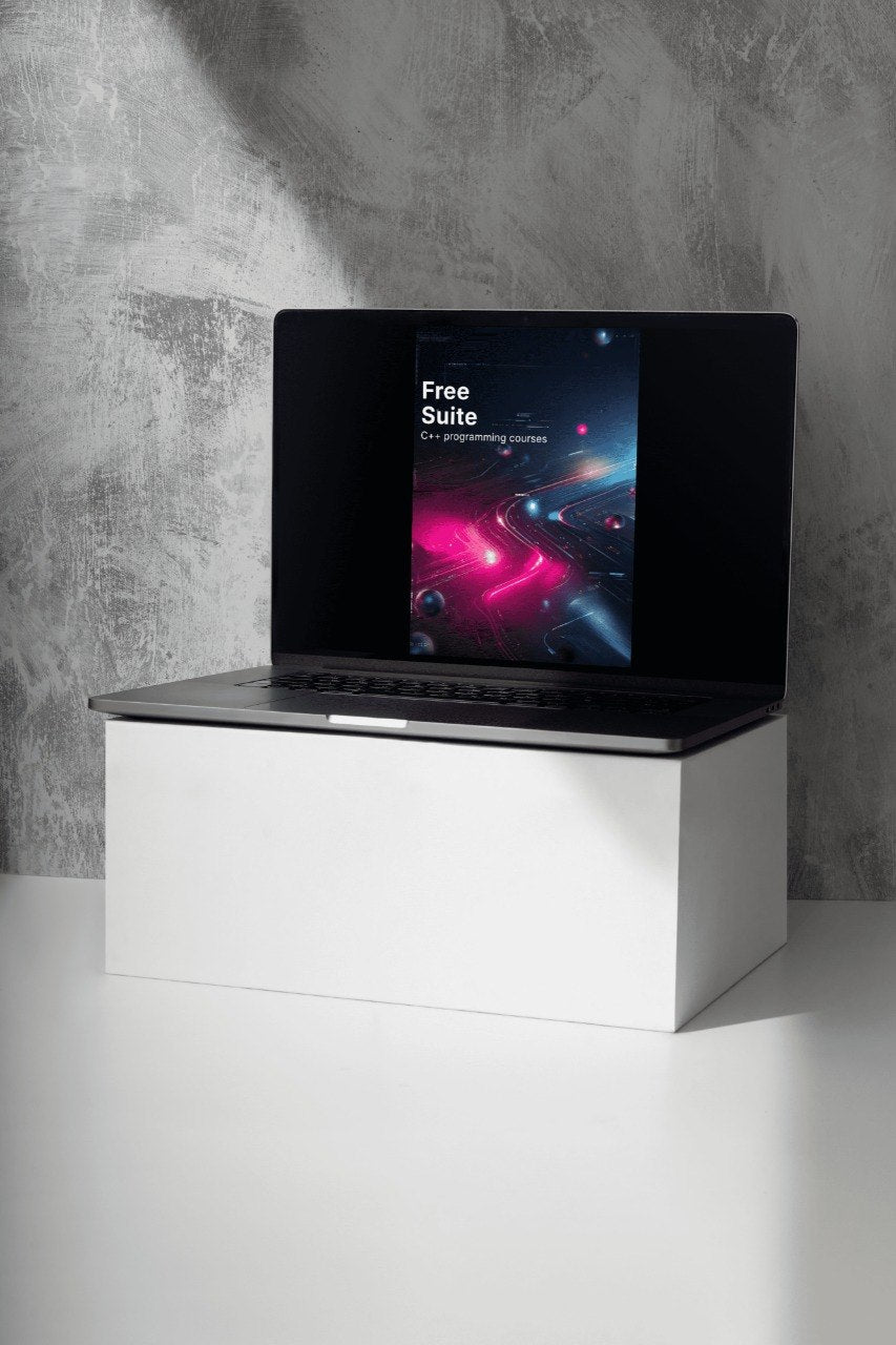 Laptop on a white stand against a gray concrete wall