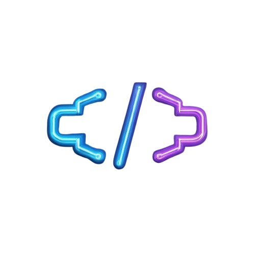 Neon blue and purple left and right arrow symbols on a white background