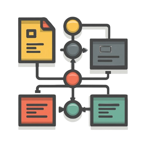 Illustration of a flowchart with interconnected shapes on a white background