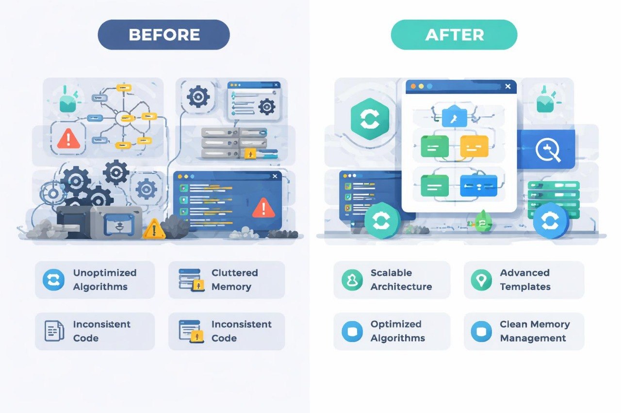 Comparison of 'Before' and 'After' software development improvements on a white background.
