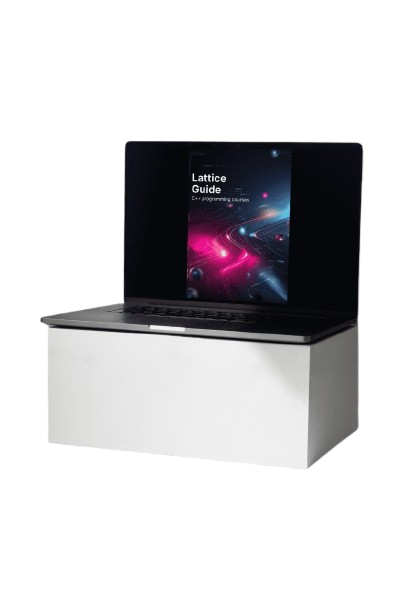 Laptop on a white stand with a colorful display on the screen