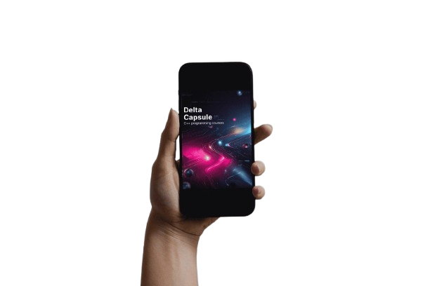 Hand holding a smartphone with a futuristic app interface on a white background