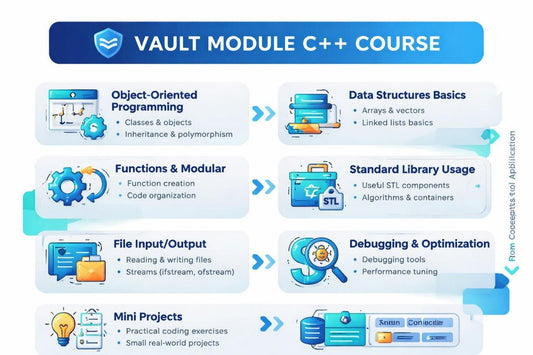 Course outline for a Vault Module C++ Course with various topics and their descriptions.