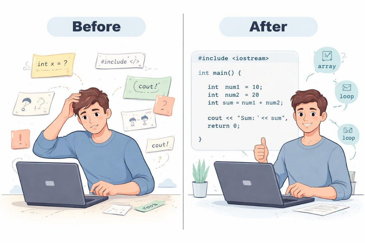 Illustration of a person learning programming before and after using a tool, with text and code elements.